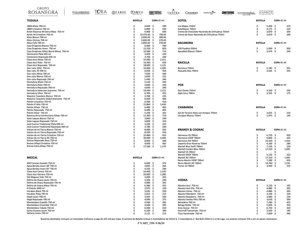rosanegra tulum bottle menu